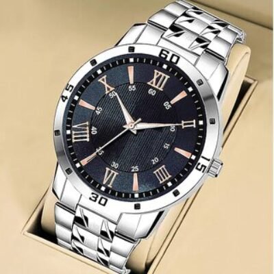 Mens Stylish Black Roman Dial Analog Watch with Silver Stainless Steel Strap