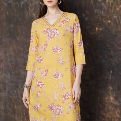 Yellow Floral Print Straight Kurta